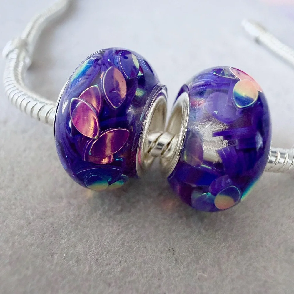 2 PCs Purple Iridescent Confetti Spacer Bead Charms fits PANDORA